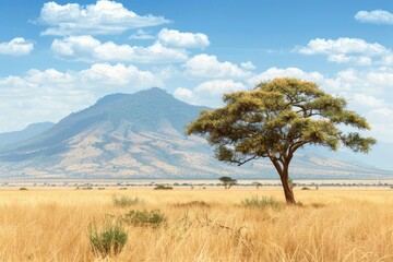 Wall Mural - Breathtaking african savanna landscape With a majestic mountain backdrop in a wild national park