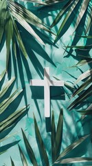 Palm cross and palm leaves. Palm sunday and easter day concept.