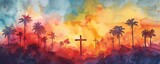 Fototapeta Sport - Palm sunday, Holy Week, Good Friday concepts. Christian banner, watercolor