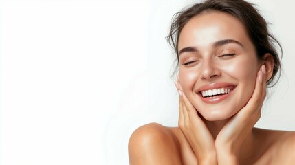 close-up of a beaming woman showcasing her perfect, radiant skin, ideal for skincare and beauty prom