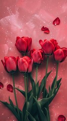 Wall Mural - Red tulip bouquet flower background. Floral wallpaper, banner. February 14, valentine's day, love, 8 march international women's day theme.