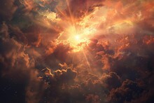 Dramatic Depiction Of The Second Coming Of Jesus Christ With Divine Light Breaking Through The Clouds Symbolizing Hope Renewal And The Fulfillment Of Prophecy In A Celestial Setting