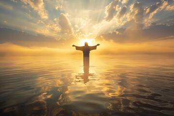 Wall Mural - Miraculous moment of jesus christ's transcendence over calm waters Dawn light casting serene glow