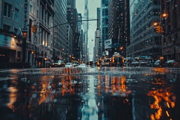 Poster - A rainy city street at night with a traffic light. Suitable for urban and transportation themes