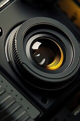 Poster - Close up of a camera with a yellow lens, suitable for technology and photography concepts