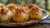 Fototapeta Dinusie - Crispy Crumbed Potato Bombas with Spicy Sauce