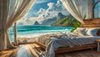 Close up bedroom with white messy bedding and big window with view to beautiful sea ocean beach. Summer, travel, vacation, holiday, 