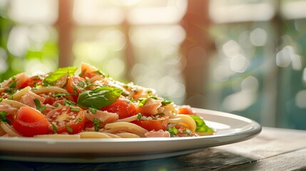 Wall Mural - Quick and Flavorful Tuna Pasta with Basil and Tomatoes