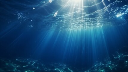 Poster - Deep blue ocean waves from underwater background with particles flowing movement, light rays shining through