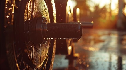 Poster - Detailed shot of a bicycle wheel on a rainy day. Suitable for weather-related designs
