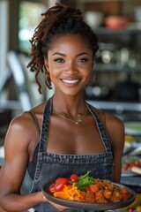 Woman Smiles, Holding Plate of Colorful, Portion-Controlled Food Amid Workout Equipment in Bright, Airy Kitchen