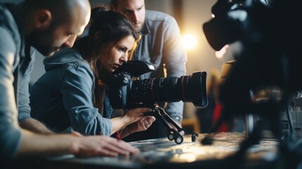 Sticker - People standing around a camera. Suitable for technology and teamwork concepts