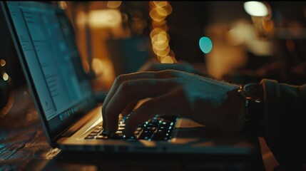 Aufkleber - A person working on a laptop computer at night. Suitable for technology or late-night work concept