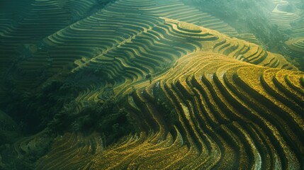 Poster - A stunning aerial view of a field of rice terraces. Perfect for agricultural or landscape concepts