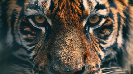 Poster - Close-up of a tiger's face with a blurry background. Ideal for wildlife themes