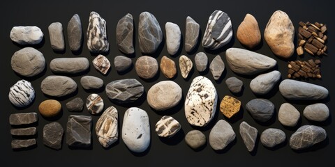 Poster - A collection of rocks and stones on a black surface. Suitable for various design projects