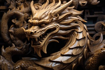 Poster - Detailed close up of a wooden dragon statue, perfect for interior design projects
