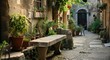 © AIGen - Nostalgic Charm: The Stone Bench of Arles Hotel Restaurant Amidst the Provencal Architecture