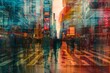 Urban time-slice photography Vibrant street scenes blending day and night Bustling city life captured in a single frame Architectural landmarks Vivid urban tapestry