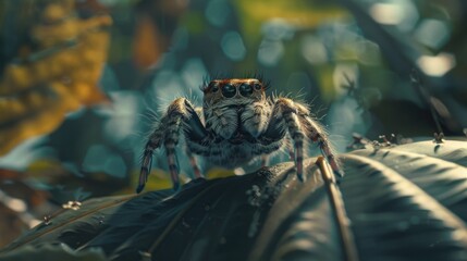 Poster - Detailed close up of a spider on a green leaf. Perfect for nature or wildlife themes