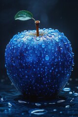 Wall Mural - an apple with drops of water on it, in the style of dark azure and navy, meticulous detail, intense color saturation