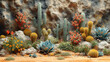  desert background in sand with different types of plants, in the style of motion blur panorama, stop-motion animation, voxel art, black background, humorous tableau, commission for, installation-base