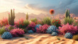  desert background in sand with different types of plants, in the style of motion blur panorama, stop-motion animation, voxel art, black background, humorous tableau, commission for, installation-base
