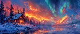 Fototapeta Do pokoju - Aurora Borealis Snowy Cabin, Surreal blend of photorealism and impressionism of Northern Lights over a rustic cabin in snow.