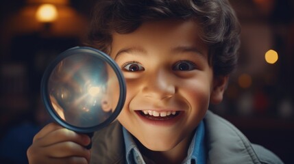 Aufkleber - A young boy holding a magnifying glass. Suitable for educational and scientific themes