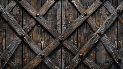 Poster - Close up of a sturdy wooden door with metal hardware. Suitable for architectural and interior design projects