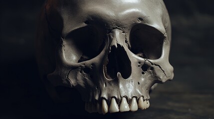 Poster - A detailed view of a skull on a table. Suitable for medical or Halloween themed designs