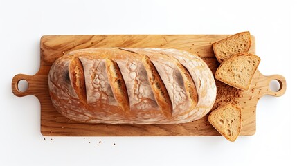 Freshly baked bread on wooden cutting board isolated on white background, top view