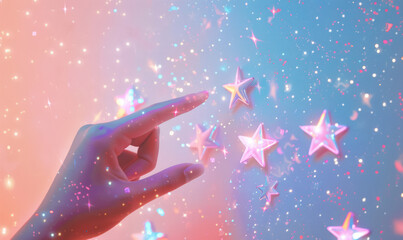 Wall Mural - magical touch hand reaching out to sparkling stars on a dreamy gradient background