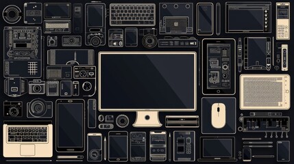 Poster - Various electronic devices and a computer on a desk. Suitable for technology concepts