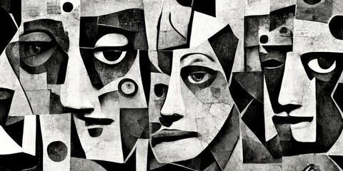 generative ai, faces collage abstract black and white background, wallpaper illustration, dramatic m