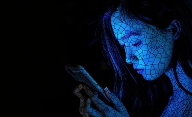 Wall Mural - woman holding phone with blue screen on black background