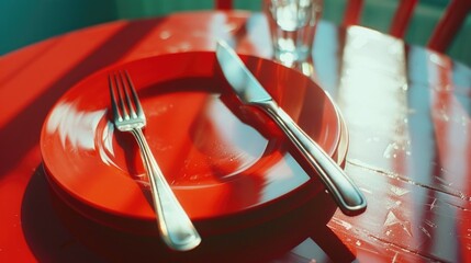 Poster - A red plate with a fork and knife on it. Perfect for restaurant and dining concepts