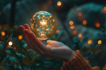 Poster - A person holding a light bulb. Suitable for business concepts