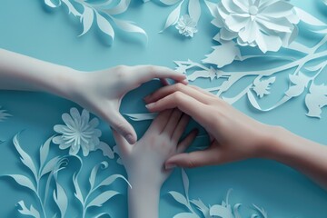 Aufkleber - A couple of hands holding each other in front of paper flowers. Ideal for wedding invitations or romantic themes