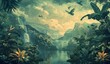 a painting of a tropical scene with birds Generative AI