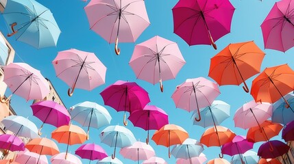 Poster - Colorful umbrellas hanging from the ceiling, perfect for adding a pop of color to any space