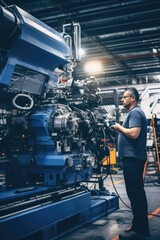 Poster - A man standing in front of a machine in a factory. Ideal for industrial and manufacturing concepts