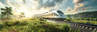 High-speed train in picturesque countryside - A high-speed train travels through a picturesque countryside during a beautiful sunrise