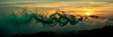 Fototapeta Konie - Photograph capturing the ethereal beauty of smoke tendrils in hues of emerald and jade against a backdrop of golden twilight.