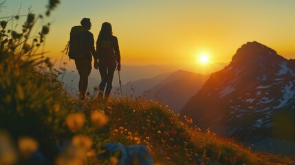 Canvas Print - A couple standing on a mountain peak. Great for travel and adventure concepts