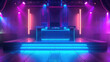 Neon-lit empty DJ booth at nightclub - Atmospheric neon-lit scene of an empty DJ booth with nightclub dancefloor awaiting the partygoers