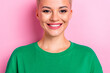 Cropped portrait of cute cheerful friendly girl beaming smile white teeth isolated on pink color background
