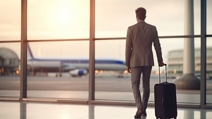 back view of a young businessman walking with a suitcase at the airport. travel and business concept