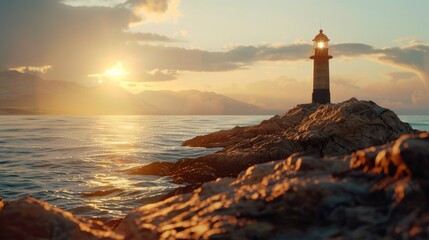 Poster - A lighthouse standing on a rock in the middle of the ocean. Suitable for maritime and navigation concepts