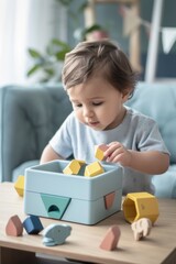 Poster - A small child playing with wooden toys on a table. Perfect for educational or parenting concepts